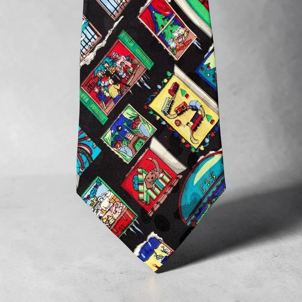 Nicole Miller Vintage 90s Silk Neck Tie Christmas Windows Holiday 1993